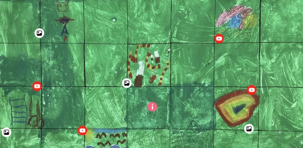 Lasten piirustus, jonka päälle on lisätty erilaisia merkkejä.