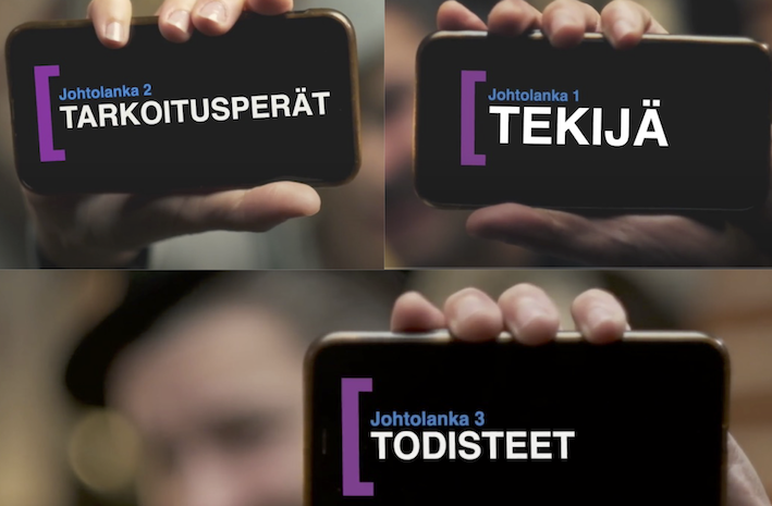 Kuvassa kolme kuvaa älypuhelimen näytöistä, näytöillä lukee tarkoitusperät, tekijä ja todisteet.