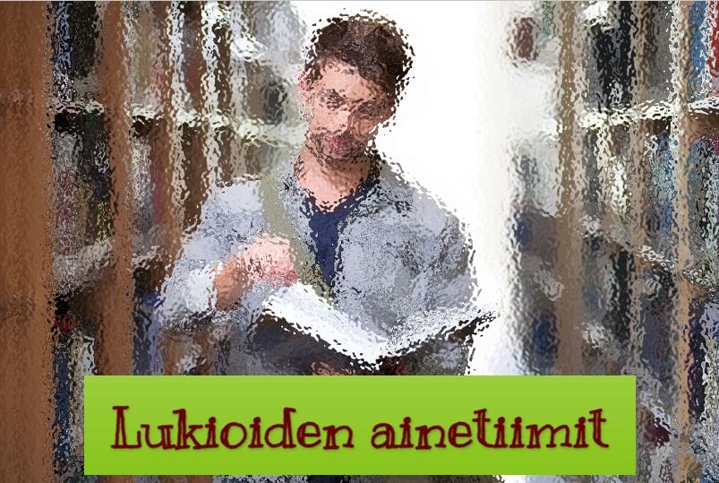 Miesopiskelija lukee kirjaa. Päälllä teksti: lukioiden ainetiimit.
