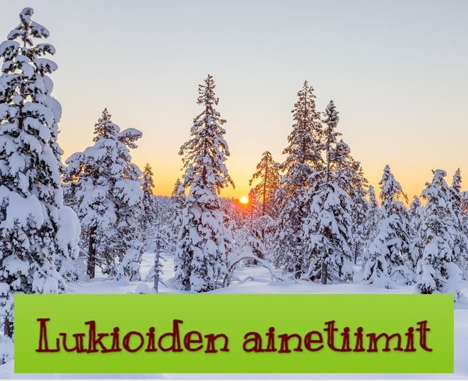 Talvinen metsä ja päällä teksti: lukioiden ainetiimit.