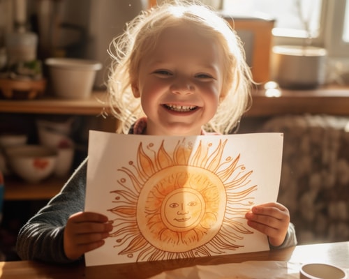 Lapsi esittelee piirustusta auringosta ja hymyilee.
